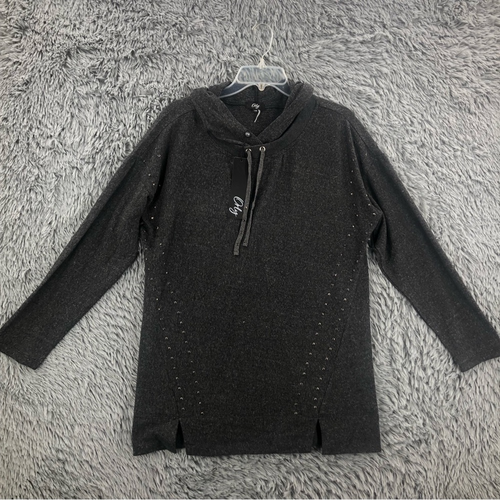 Orly Pullover Hoodie Womens Large NWT Grey Studded Hooded Top